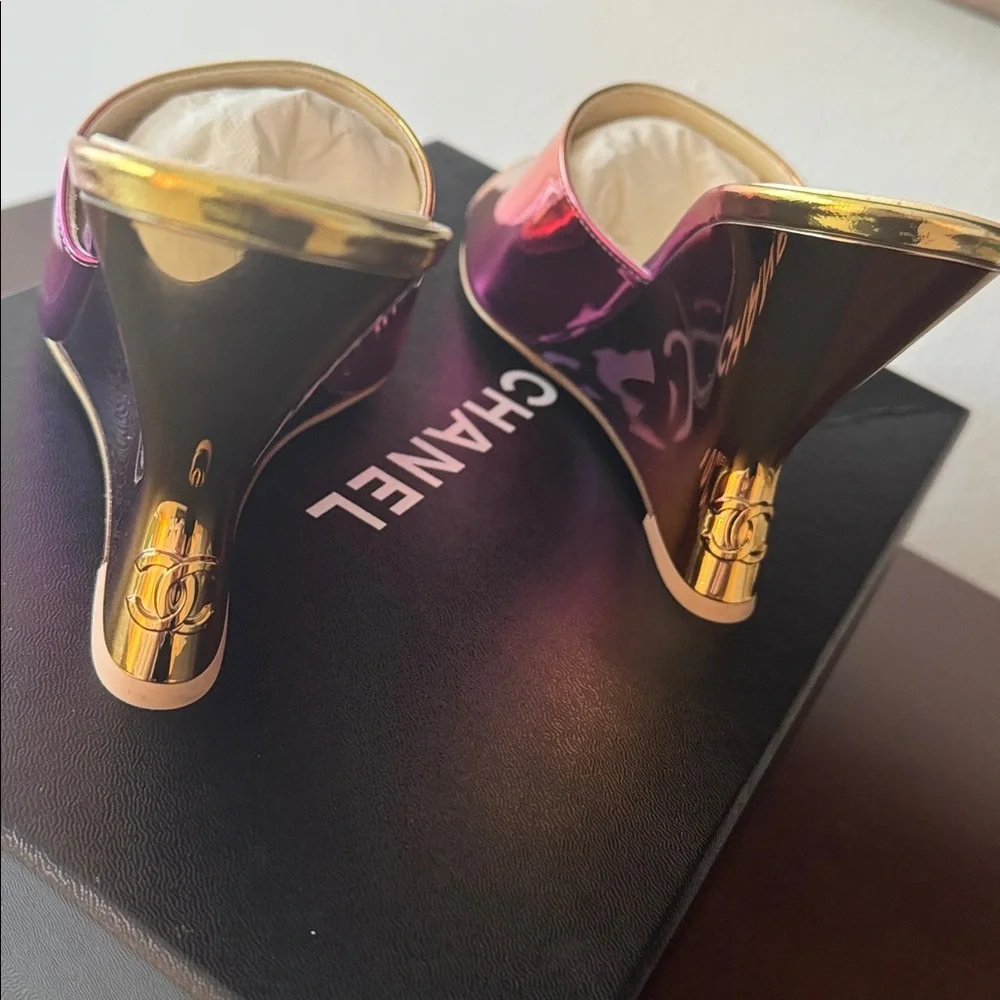 CHANEL Laminated Calfskin Wedge Mules 37.5 Pink Orange Yellow Multicolor CC logo